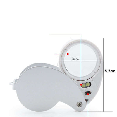 Folding jewelry mirror with LED light, measuring 5.5cm x 3cm, in sleek silver design.