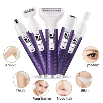 Portable electric razor set for women, includes trimmers for armpit, thigh, eyebrow, bikini, and nose hair.