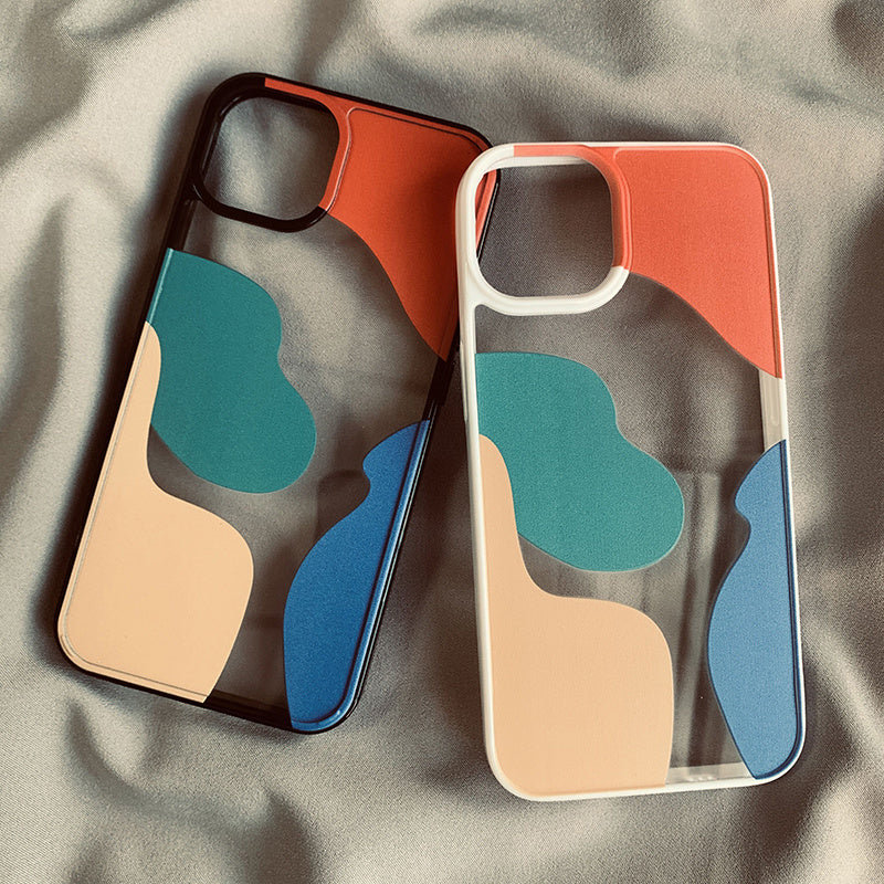 Color block contrast phone cases in geometric design, compatible with iPhone models, featuring anti-drop acrylic texture.