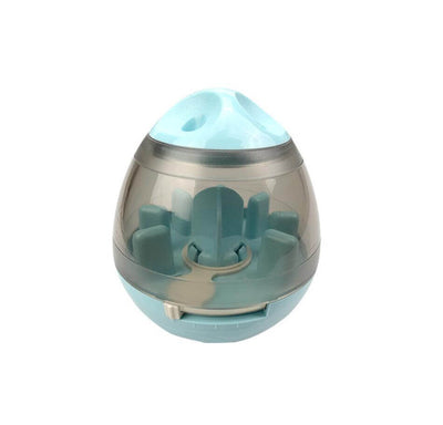 Happy leaking food device for dogs, fun pet feeder in a blue and gray design, promotes interactive feeding.