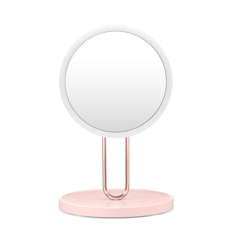 Desktop LED makeup mirror with cherry blossom pink base and ABS frame, perfect for beauty routines.