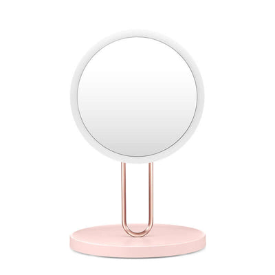 Desktop LED makeup mirror with cherry blossom pink base and ABS frame, perfect for beauty routines.