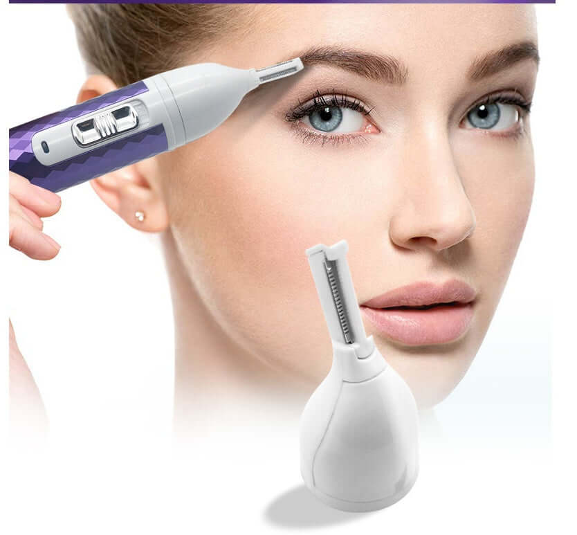 Portable electric razor for women, eyebrow and hair trimmer demonstrated on model's face for grooming.