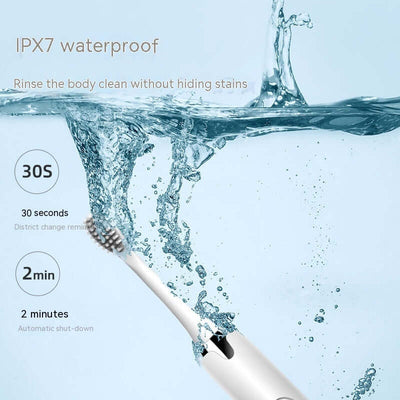 Waterproof electric toothbrush demonstrating IPX7 rating with water splashes and timer details for 30 seconds and 2 minutes.