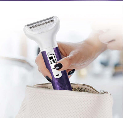 Portable electric razor for women, perfect for body, eyebrow, and nose hair trimming; fits easily in a handbag.