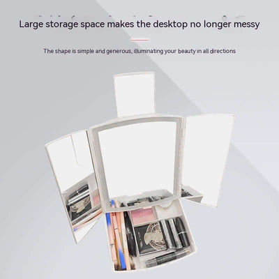 Household LED folding makeup mirror with light, showcasing large storage for cosmetics on a tidy desktop.