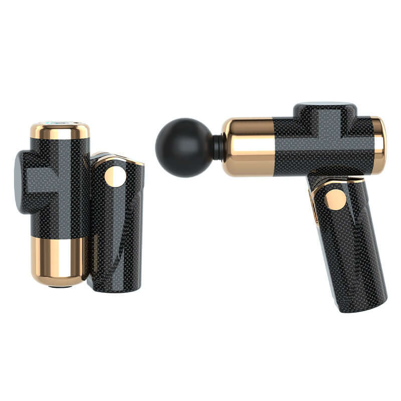 USB Mini Massage Gun in carbon fiber design, ideal for muscle relaxation and portable use with multi-gear settings.