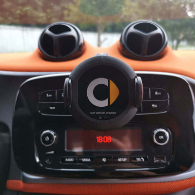 Car wireless charger mounted on dashboard, designed for easy access and efficient wireless charging.