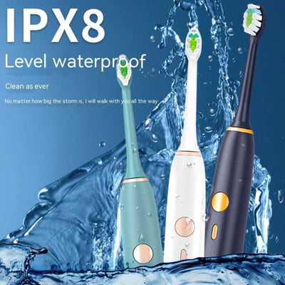IPX8 waterproof electric toothbrushes in white, mint green, and black against a water backdrop.