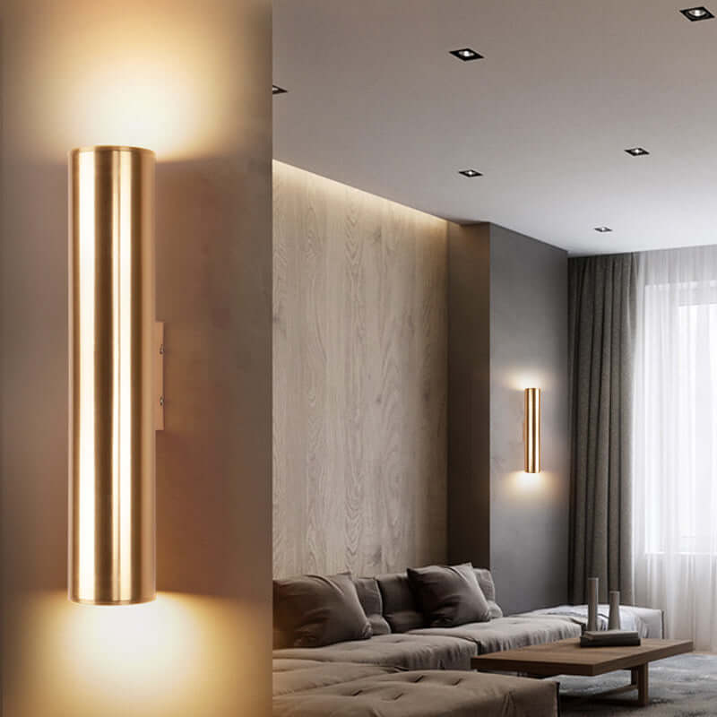 Iron vintage wall lamp illuminating a modern living room with LED light, aluminum shade, and elegant ambiance.