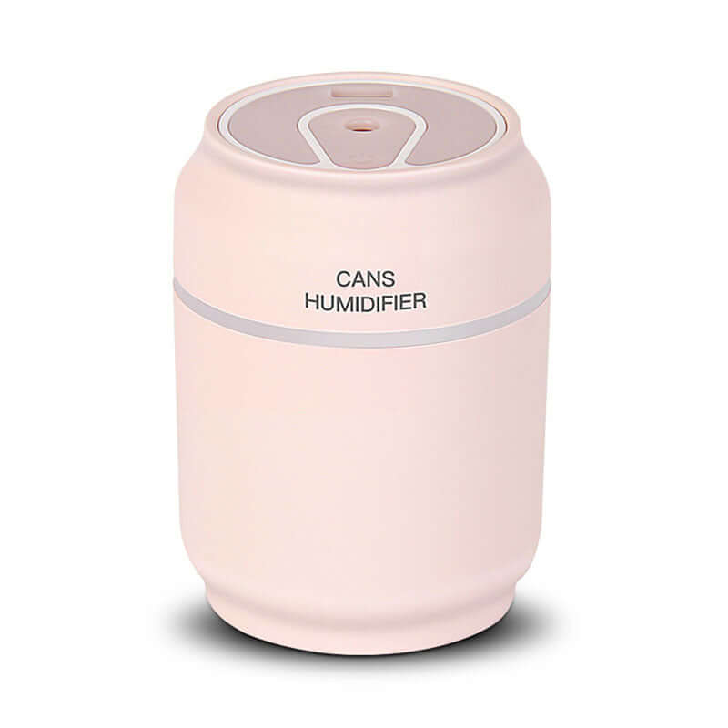 Mini waterproof humidifier in pink, resembling a can, operates quietly with a 200ml capacity and 4-8 hours working time.