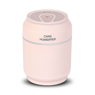 Mini waterproof humidifier in pink, resembling a can, operates quietly with a 200ml capacity and 4-8 hours working time.