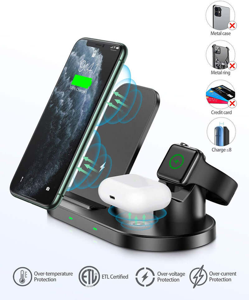 Multifunctional wireless charger w57, 3-in-1 design with Type-C, CE, FCC, ROHS certified, for phone, AirPods, and smartwatch.