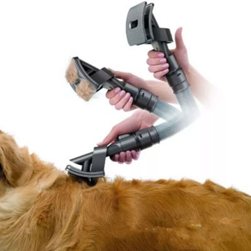 Pet grooming brush vacuum attachment removing loose dog hair while grooming for mess-free cleaning.
