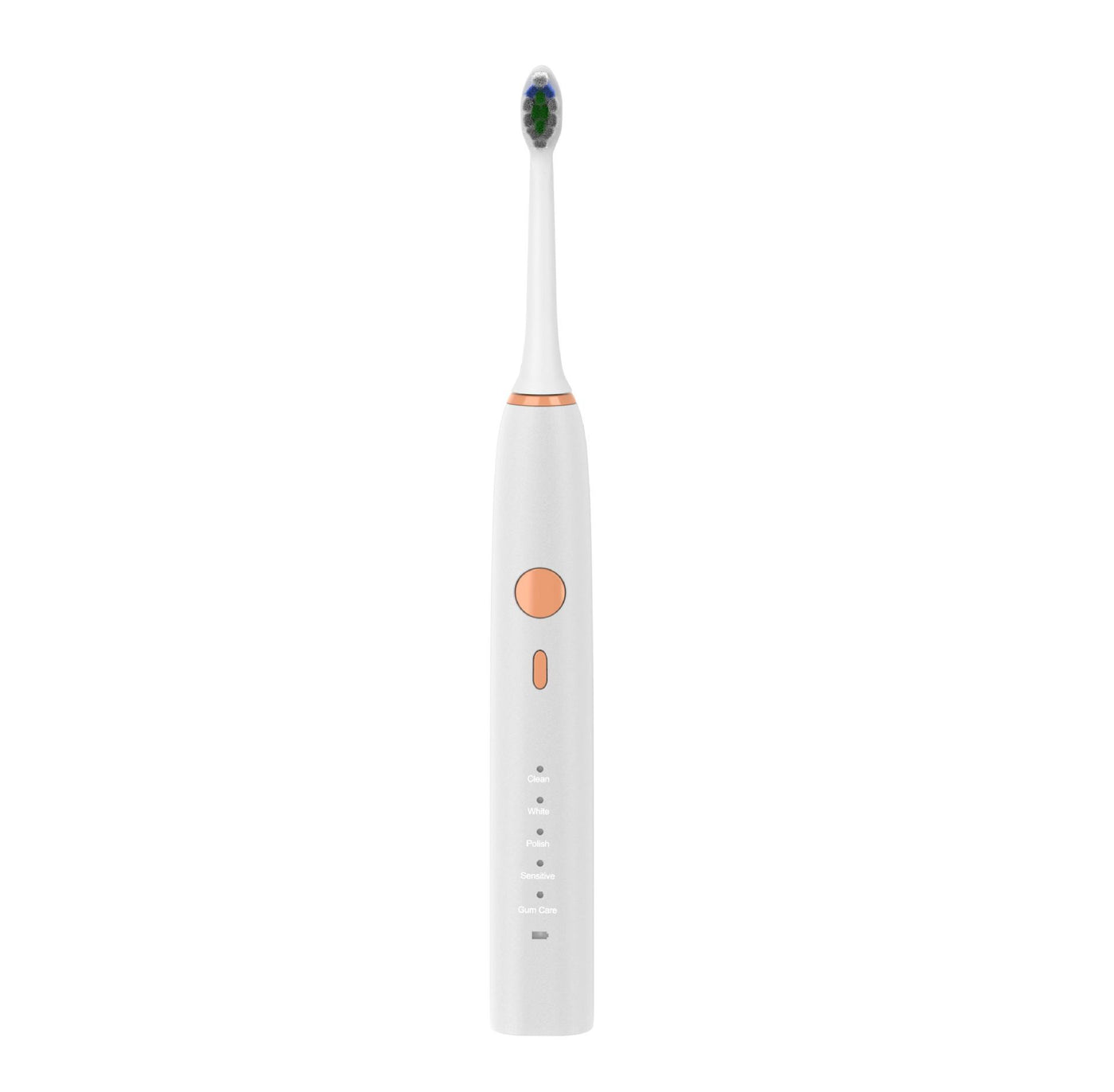 Wireless electric toothbrush in white with multi-gear settings and an acoustic wave motor for effective cleaning.