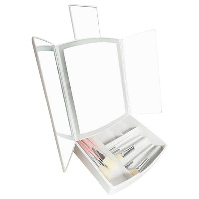 Household LED folding makeup mirror with light and storage for brushes, ideal for bedrooms and bathrooms.