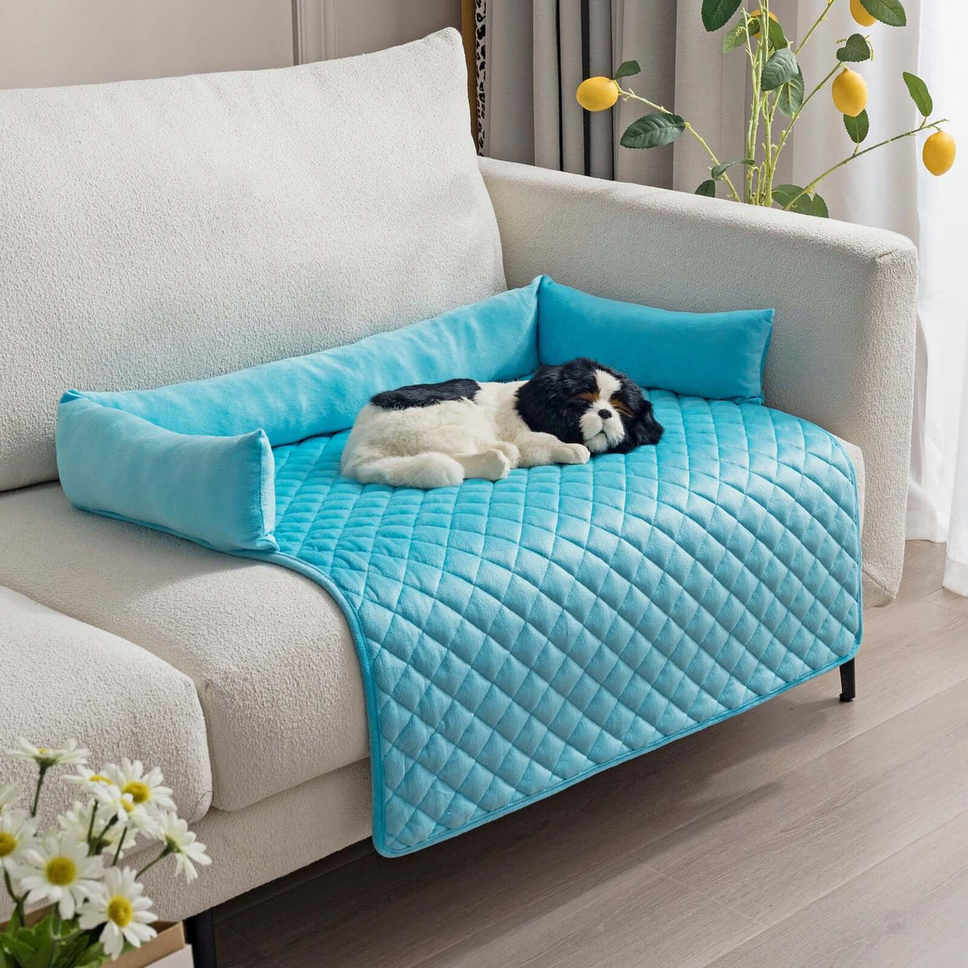 Cozy blue pet dog sofa bed with plush cushion, designed for large dogs to protect furniture and provide comfort.