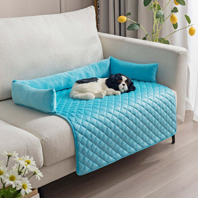 Cozy blue pet dog sofa bed with plush cushion, designed for large dogs to protect furniture and provide comfort.