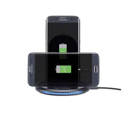 Mobile phone wireless charger bracket with fast charging feature and LED indicator, charging two devices simultaneously.