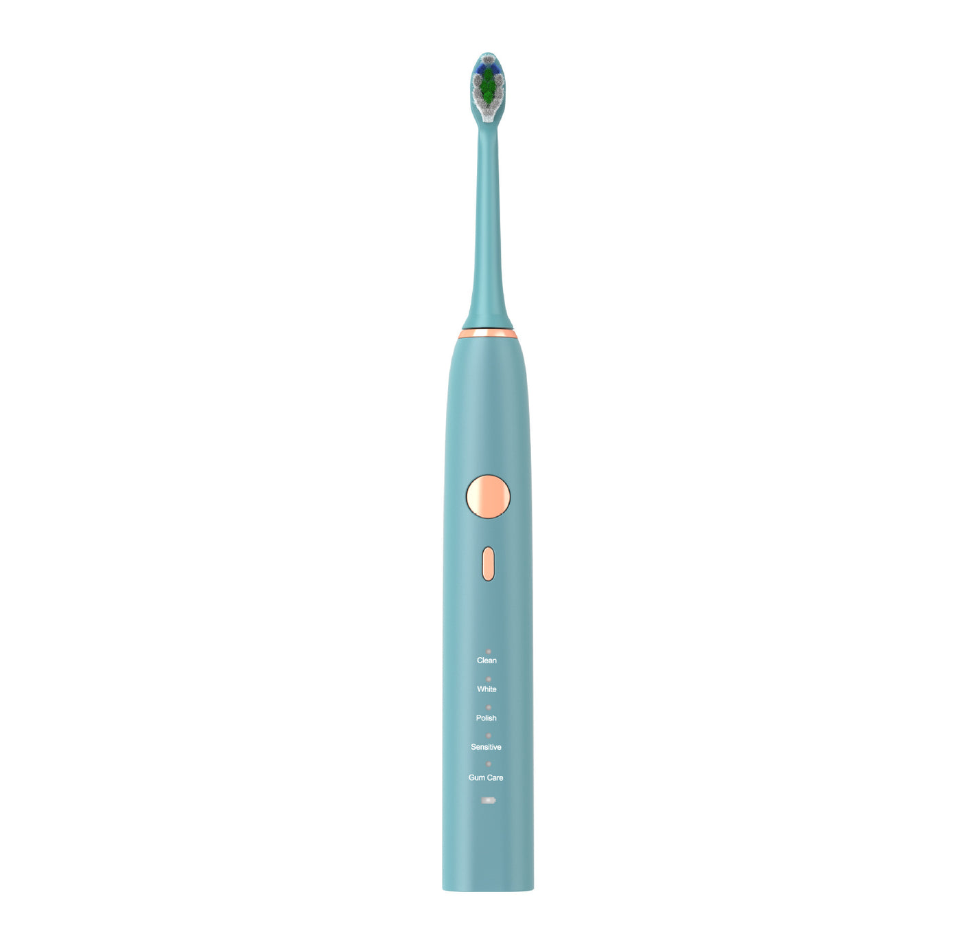 Smart electric toothbrush in mint green with multi-gear adjustment, wireless charging, and acoustic wave technology.
