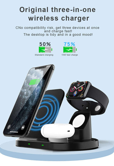 Multifunctional three-in-one wireless charger displaying phone, AirPods, and smartwatch with charging indicators.