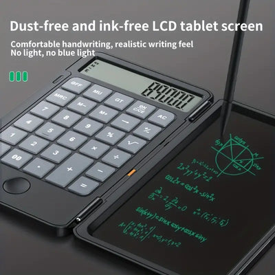 LCD calculator with ink-free screen for comfortable handwriting, featuring math notes on the tablet display.