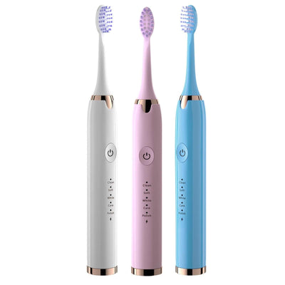 Electric toothbrush set including pink, white, and blue models with multiple brush heads and functionalities.
