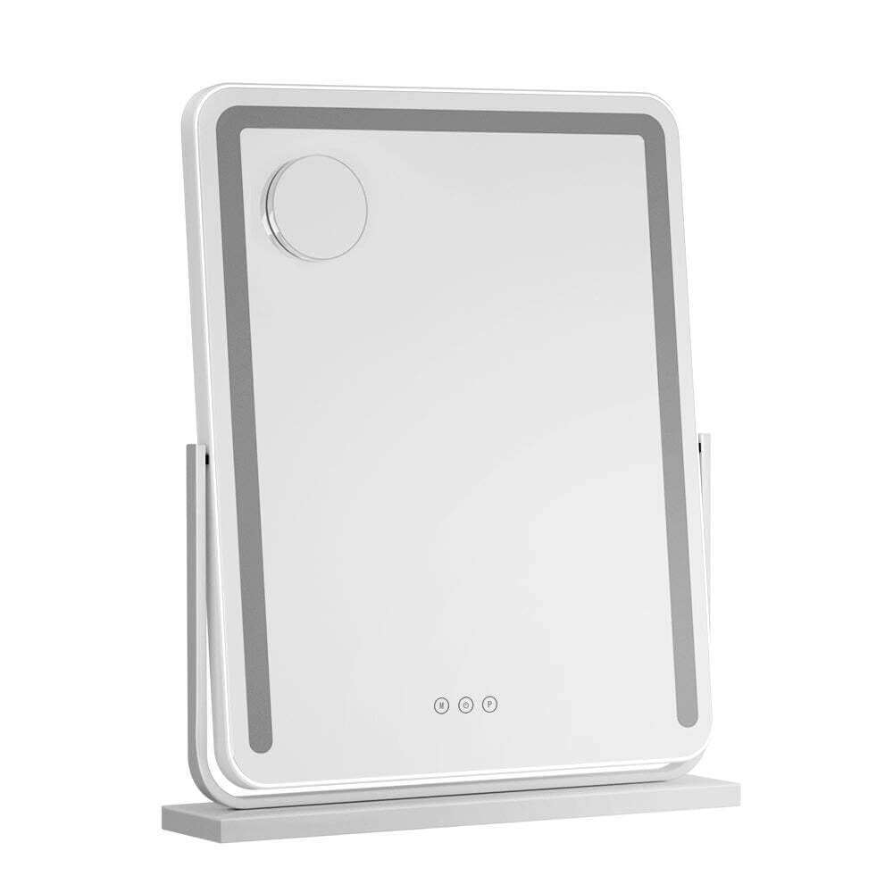 Desktop Smart LED Cosmetic Mirror in white with metal frame, ideal for bedrooms and bathrooms, perfect gift for birthdays.