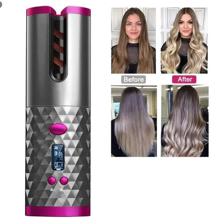 Portable hair curler with before and after results, showcasing dramatic curls and sleek styling.