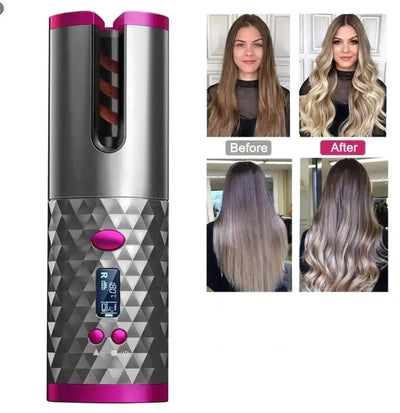 Portable hair curler with before and after results, showcasing dramatic curls and sleek styling.