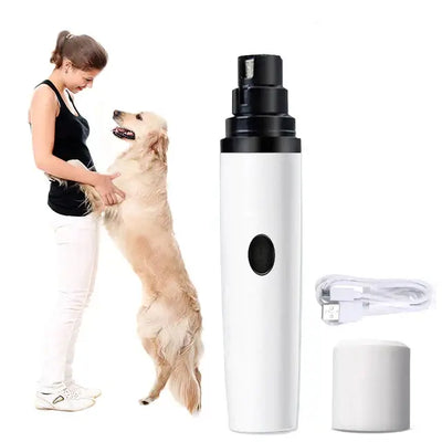 Woman using Safe-Touch Pet Nail Grinder on a happy golden retriever, showcasing its safe and painless nail care design.