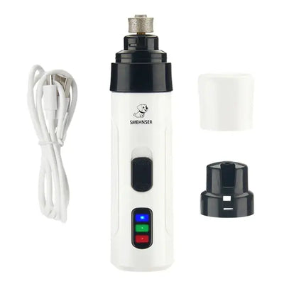 Safe-Touch Pet Nail Grinder with USB cable, protective cap, and adjustable grinding head for painless pet grooming.