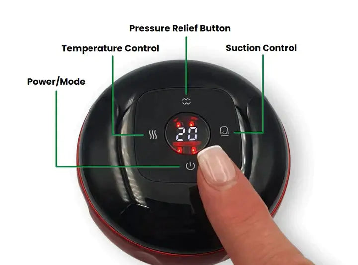 Close-up of SmartCup device controls including pressure relief, temperature, suction, and power modes for easy use.