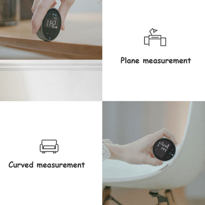 Digital measurement tape showcasing features for plane and curved measurements with clear display.