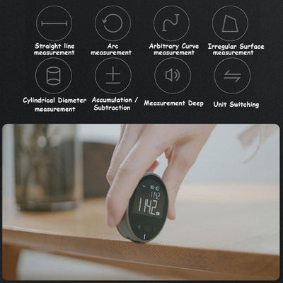 Digital measurement tape with display showing various measurement settings and accurate readings.