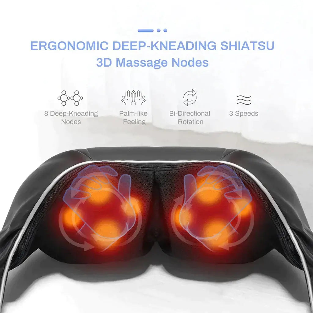 Ergonomic neck and shoulder massager with 3D shiatsu nodes for deep kneading and relaxation at home.