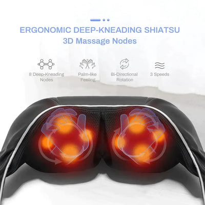 Ergonomic neck and shoulder massager with 3D shiatsu nodes for deep kneading and relaxation at home.