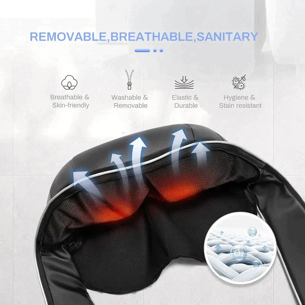 Close-up of a neck and shoulder massager highlighting its breathable, washable, and durable features for ultimate comfort.