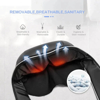 Close-up of a neck and shoulder massager highlighting its breathable, washable, and durable features for ultimate comfort.