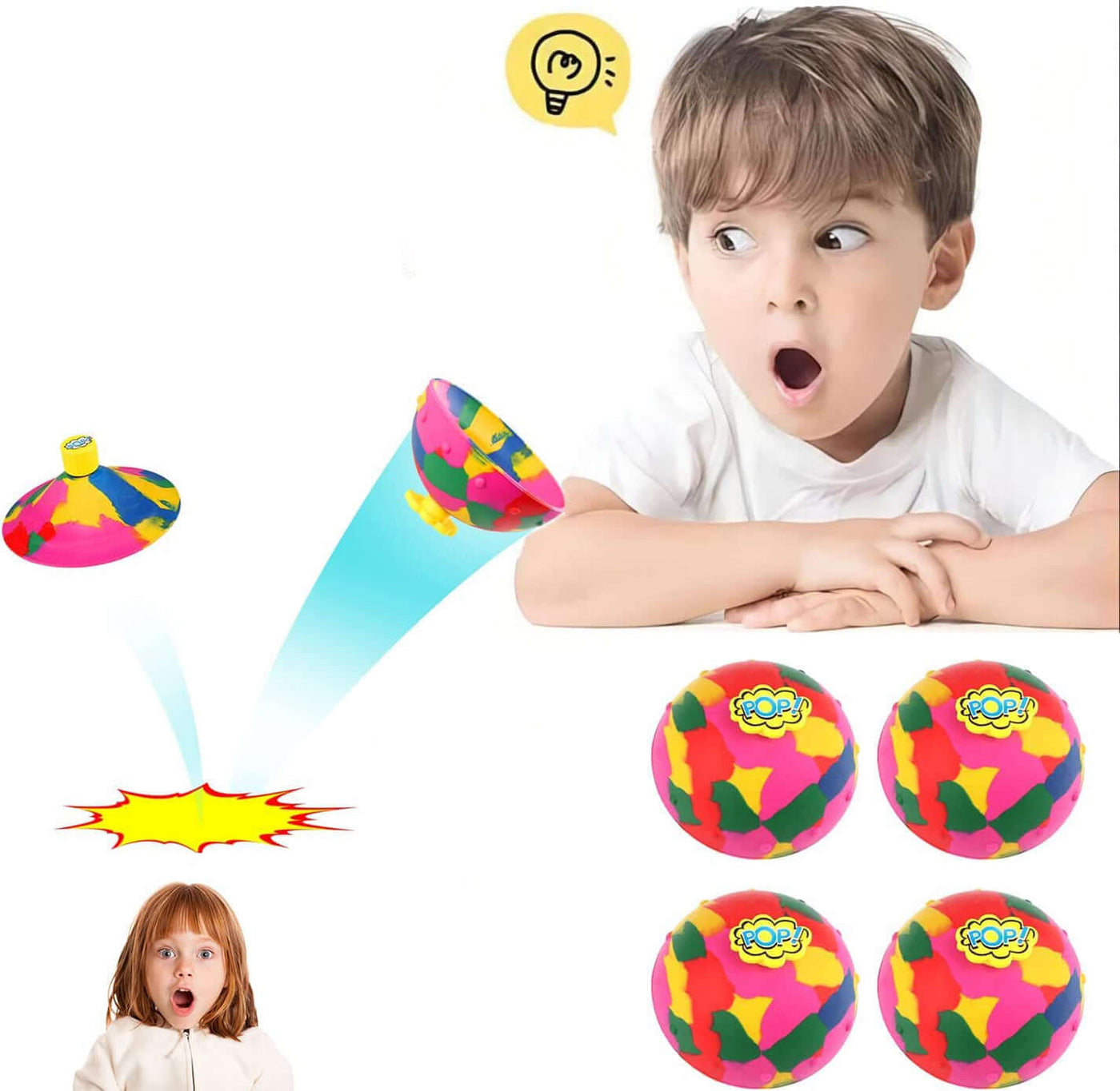 Excited child watching colorful fidget balls and a spinning top, showcasing fun and engagement with the Fidget Bouncer.