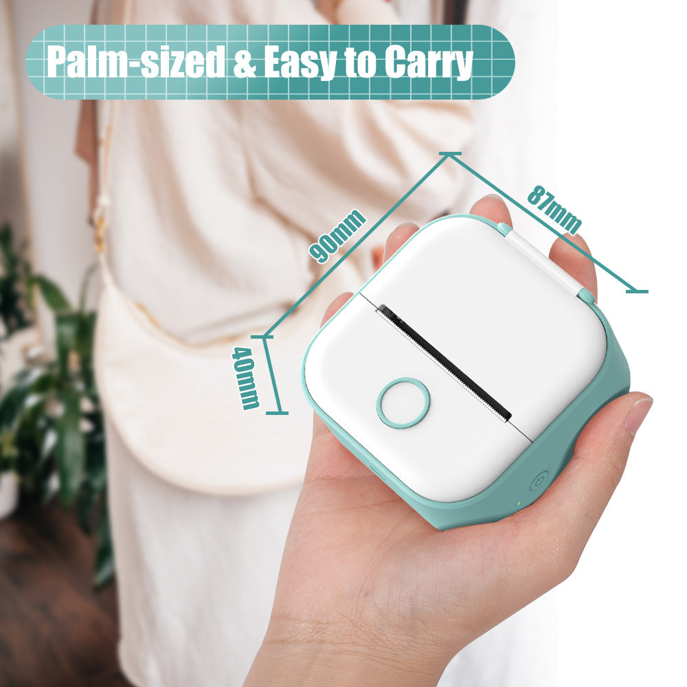 Portable palm-sized printer in hand, dimensions 90mm x 87mm x 40mm, ideal for on-the-go printing.