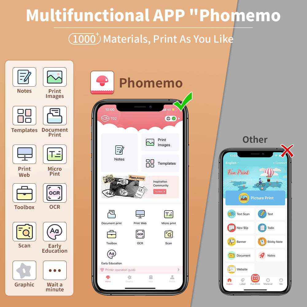Screenshot of the multifunctional Phomemo app showcasing print options and features for notes and templates.