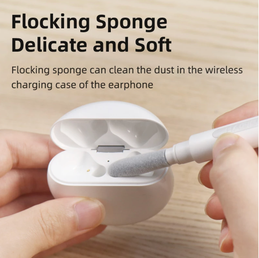 Flocking sponge cleaning Airpods in charging case; soft and delicate for effective dust removal.
