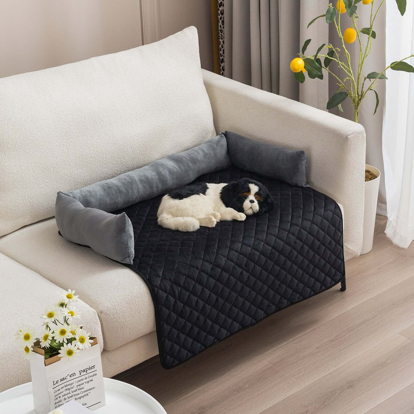 Cozy pet dog sofa bed featuring a plush, quilted surface and cushioned sides for large dogs to relax on.