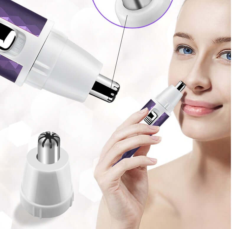Close-up of a woman using a portable electric razor for nose hair trimming with interchangeable heads.