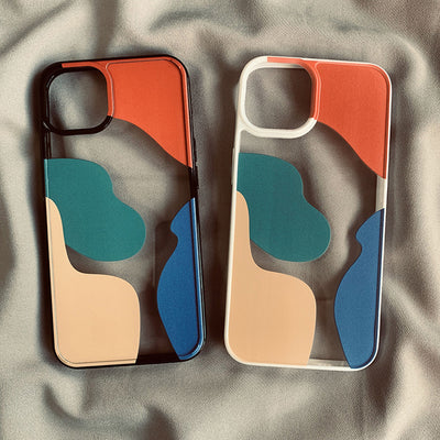 Color block mobile phone cases in contrasting colors suitable for iPhone models, featuring geometric designs.