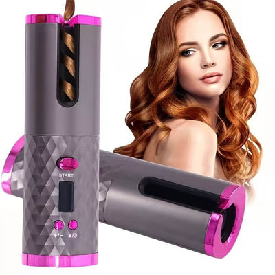 Portable hair curler showcasing sleek design, easy-to-use features, and beautiful curls on a model's hair.