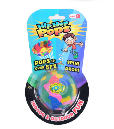 Colorful Hip Hop Pops toy packaging featuring a playful design, ideal for indoor and outdoor fun for ages 5 and up.