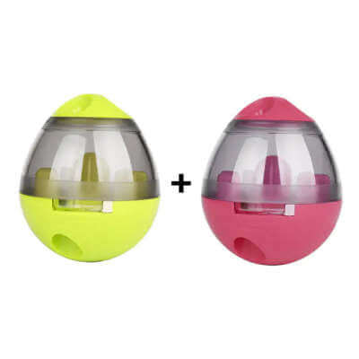 Happy Leaking Food Pet Supplies set of two colorful dog food dispensers in yellow and pink.