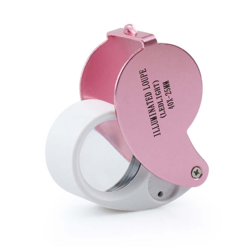 Folding jewelry mirror with LED light in pink and white, 40x magnification, compact design for travel.
